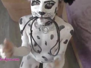 Delightful lassie In Dalmatian Costume Playfully Rides Cavalier's Big pecker